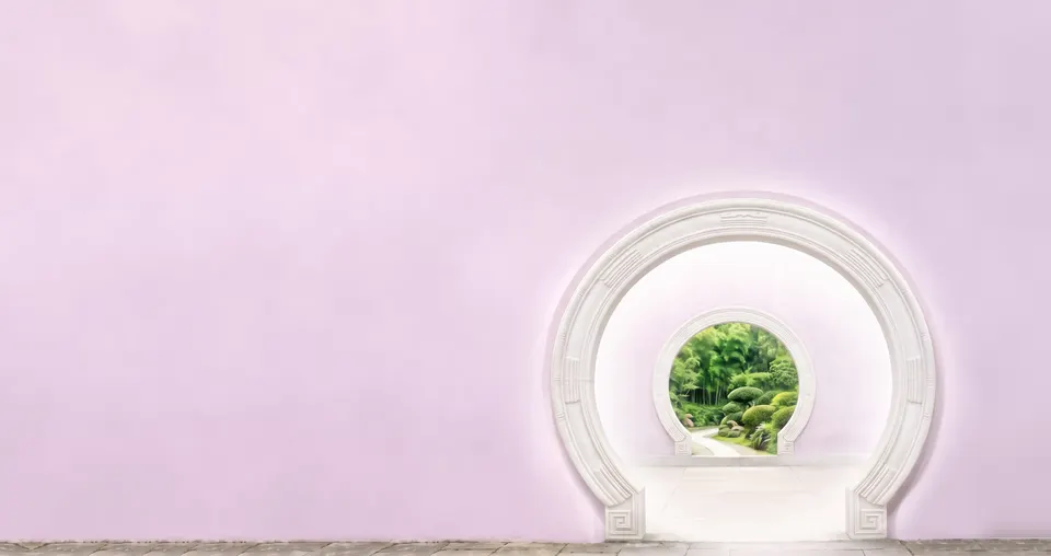 A white marble moon gate in a pink-lilac wall, opening through a second gate onto a luminous bamboo garden