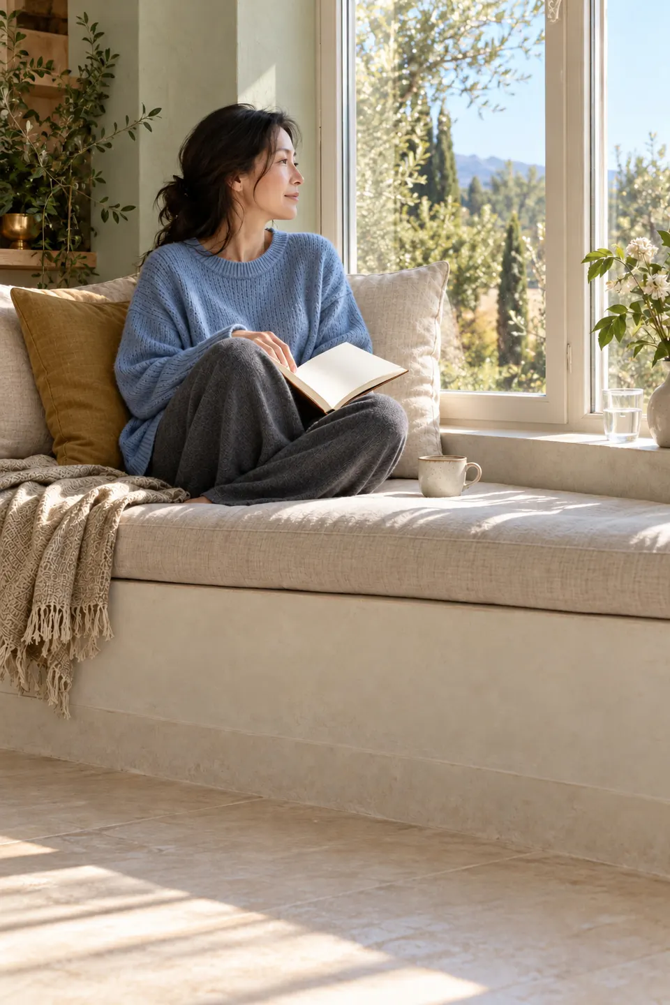 A woman resting on a window seat with a book, looking out at the garden