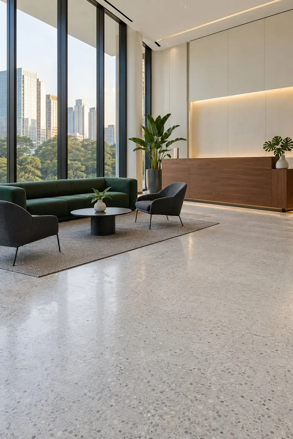 A calm, light-filled office reception with plants and a view of the city