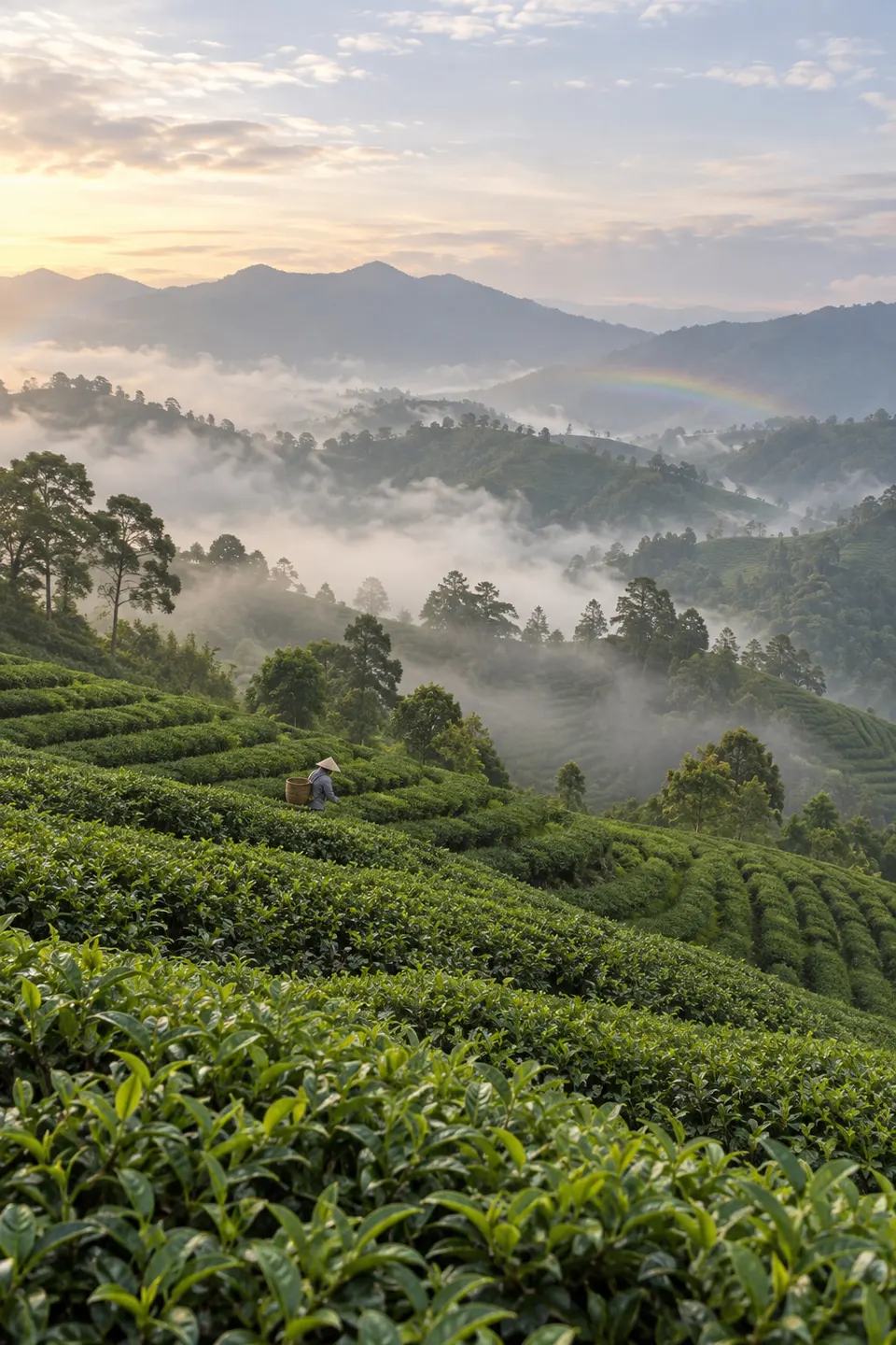 Tea terraces on misty hills at dawn