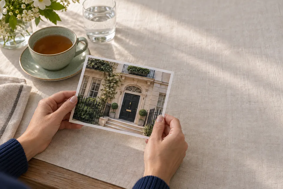 Hands holding a printed photograph of a townhouse front door, beside a cup of tea