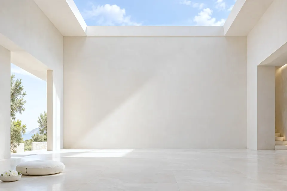 A bright room that opens to the sky through a wide skylight