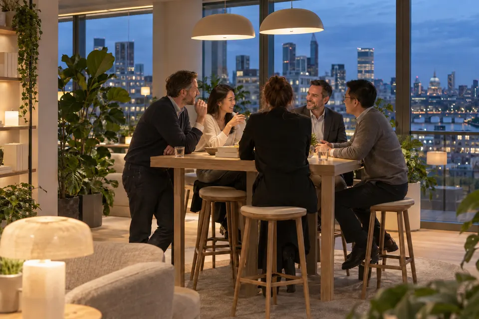 Colleagues laughing together around a table in their office at dusk