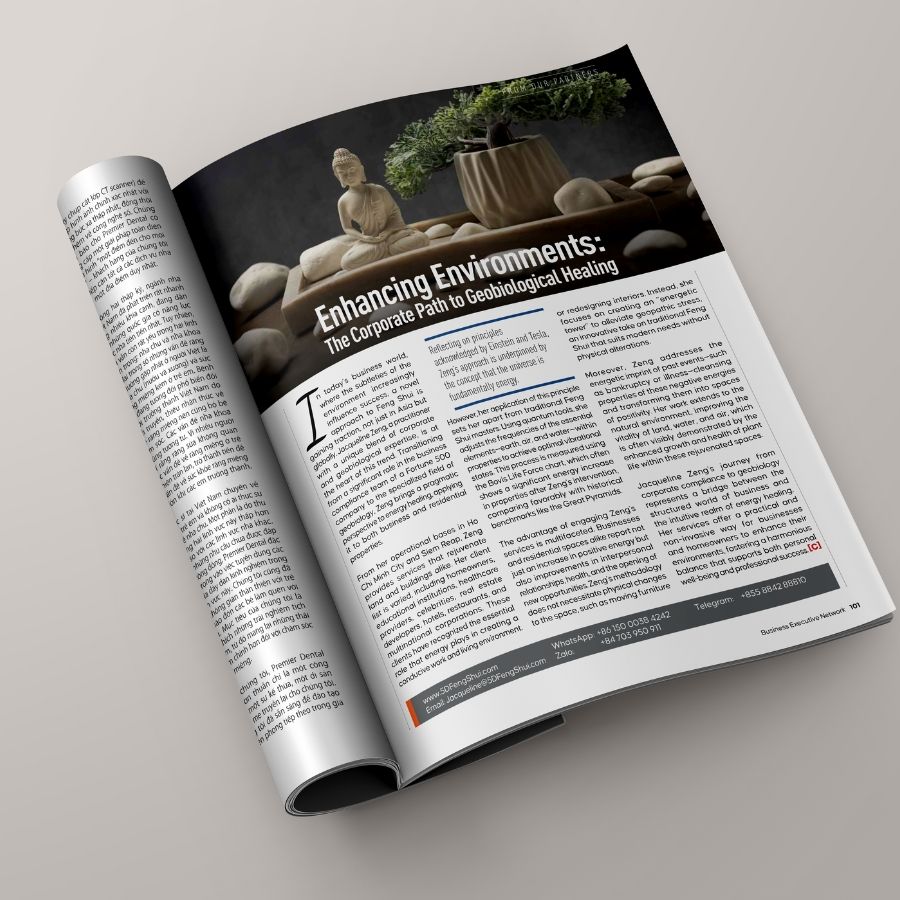 Open magazine mock-up of the Business Executive Network article