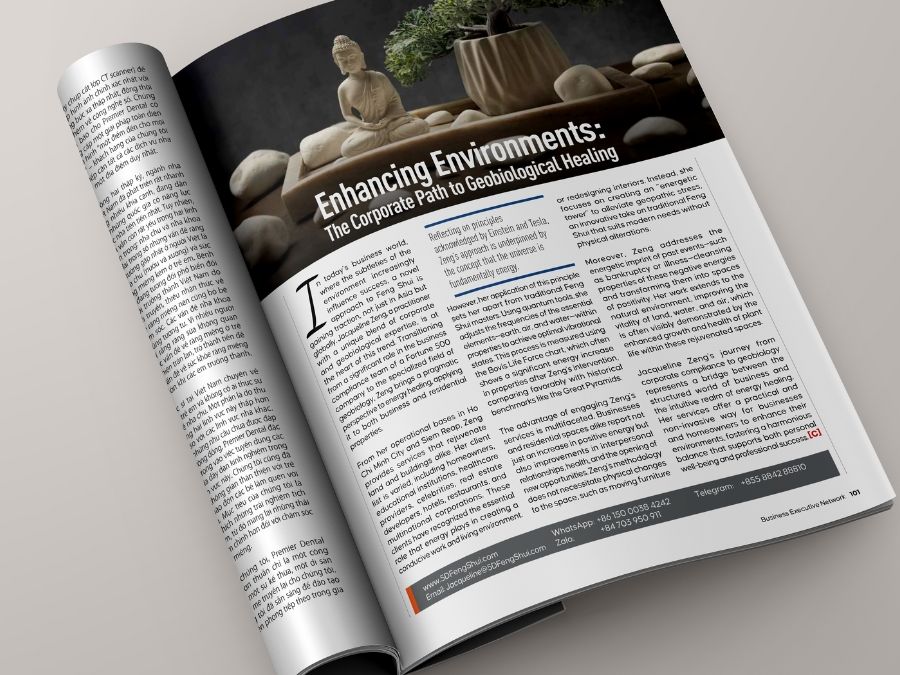 Open magazine mock-up of the Business Executive Network article