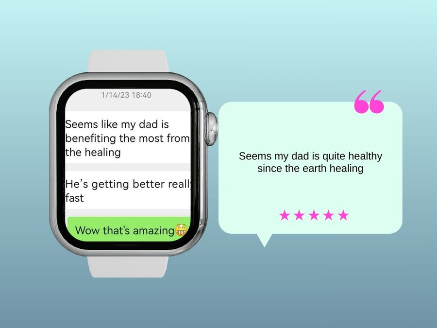 Apple Watch showing a WhatsApp chat and a quote card about the client's father's health